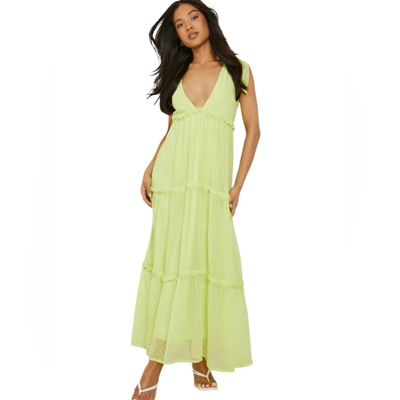 Boohoo petite Vibrant lime Yellow dobby mesh tie strap maxi dress size 6 - Picture 1 of 10